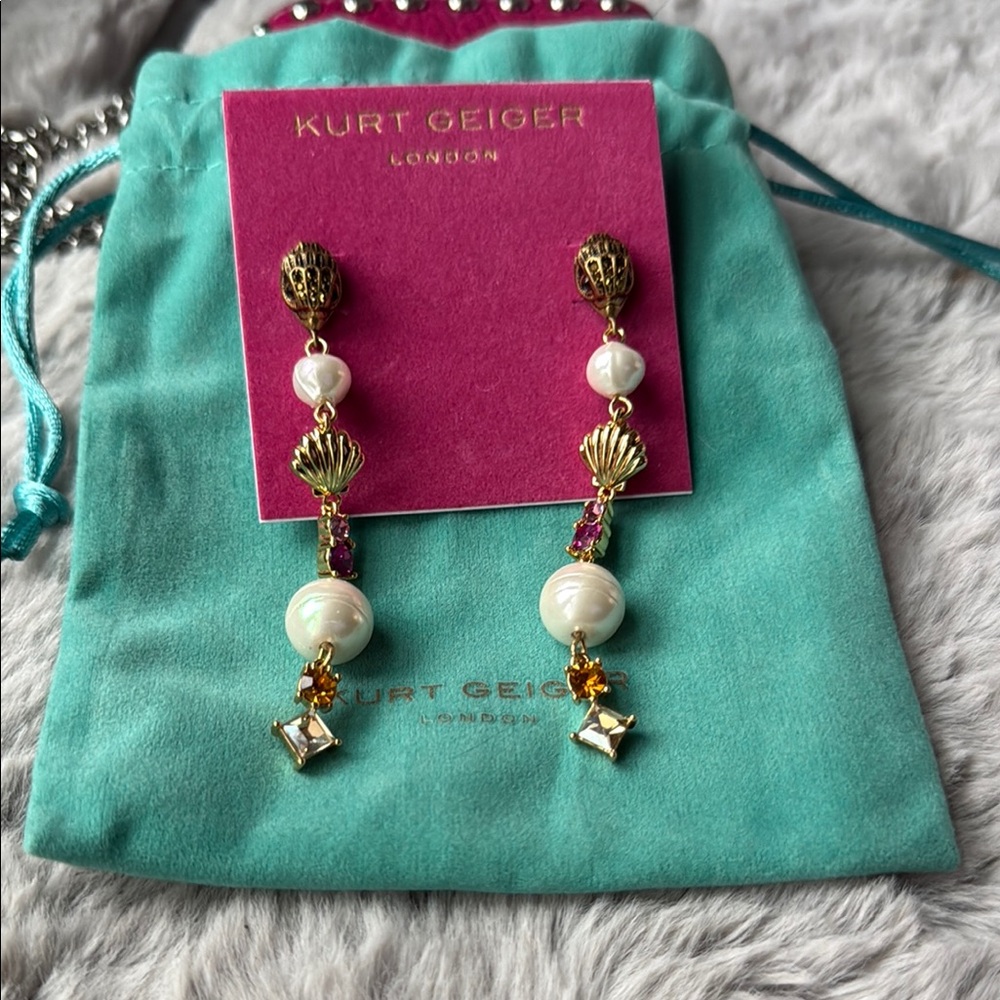 Kurt Geiger Gold Toned Pearl Shell and Crystal Drop Earrings